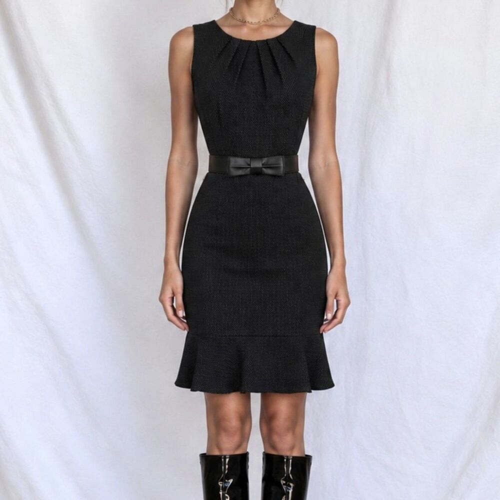 Vintage Y2K 90s Black Polka Dot Knee Length Ruffle Hem Bodycon Dress Size M